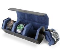HELMDY Estuche enrollable de reloj para hombres y mujeres, caja organizadora de relojes con 3 ranuras, almacenamiento hexagonal para 3 relojes, estuche portátil de viaje de piel sintética (negro/azul)