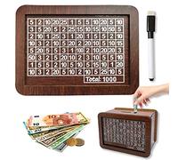 HELOVGE Hucha de Madera, Hucha con Contador, Hucha con Metas de Ahorro, Hucha con bolígrafo borrable, Hucha de Madera Retro, Huchas para Adultos y Niños, para Decorar,AhorrarDinero,Regalo(1000)