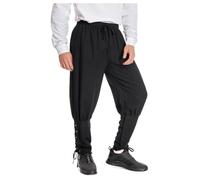 helymore Pantalones para hombre, primavera, verano, otoño, medieval, renacentista, con bandas, vintage, pirata, vikingo, navegador, Negro , L