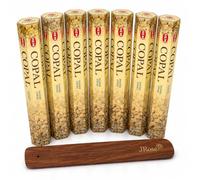 HEM - Varillas de incienso de copal, paquete de 6 con soporte plano de madera JRose, 120 varillas de agarbatti enrolladas a mano, aroma cálido de resina amaderada para meditación, yoga, relajación y