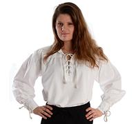 HEMAD Camisa medieval de las mujeres con cuello - puro algodón - Blanco XL
