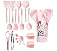 Hemasa 18 utensilios de cocina de silicona de grado alimenticio, espátula giratoria, cuchara medidora, práctico juego de utensilios de cocina (rosa)