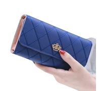 Hemasa Carteras largas negras para mujer/piel sintética con patrón de diamante, tarjetero, hebilla de corona, azul