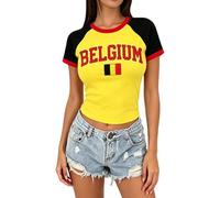 HEMNACU Brasil Portugal France Camiseta Crop Tops Y2K Camisetas Mujer Cuello Redondo Manga Corta Tops de Verano Que Dejan La Barriga Al Descubierto Chicas Tops Vintage