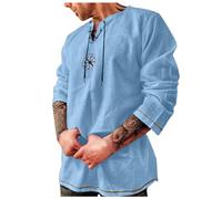 HEMNACU Camisa Lino Hombre de La Edad Media con Cuello Retro con Cordones Camisas Mangas Largas Casuales de Lino para Hombres Camisas de Yoga Camisas de Verano Traje de Pirata
