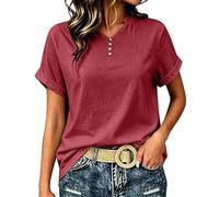 HEMNACU Camiseta Oversize Manga Corta Parte Superior Suelta para Mujer Camisas de Verano Blusa Manga Corta Algodón Tops Elegantes Camiseta Mujer con Escote en V y Fila de Botones