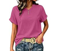 HEMNACU Camiseta Oversize Manga Corta Parte Superior Suelta para Mujer Camisas de Verano Blusa Manga Corta Algodón Tops Elegantes Camiseta Mujer con Escote en V y Fila de Botones