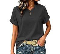 HEMNACU Camiseta Oversize Manga Corta Parte Superior Suelta para Mujer Camisas de Verano Blusa Manga Corta Algodón Tops Elegantes Camiseta Mujer con Escote en V y Fila de Botones
