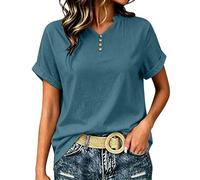 HEMNACU Camiseta Oversize Manga Corta Parte Superior Suelta para Mujer Camisas de Verano Blusa Manga Corta Algodón Tops Elegantes Camiseta Mujer con Escote en V y Fila de Botones