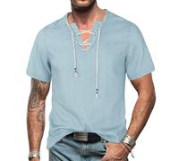 HEMNACU Camiseta Vaquera para Hombres Camiseta Retro Occidental para Atar con Flecos Camisa Lino Hombre Manga Corta Camisa Verano Casual con Escote en V Ajuste Holgado Vintage Medieval