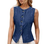 HEMNACU Chaleco de Jeans Abertura Frontal Informal Top de Mezclilla Ajustado con Escote Redondo Camisa Vaquera con Bolsillos Chaleco de Mezclilla Mujer sin Mangas Escote Redondo Abotonado