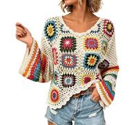 HEMNACU Chaqueta de Punto Larga Boho Hecha A Mano con ArcoíRis Top de Punto úNico con PatróN éTnico Calado Top Blanco Elegante para Mujer Top Bohemio Color Albaricoque Ligero