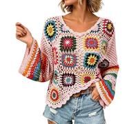 HEMNACU Chaqueta de Punto Larga Boho Hecha A Mano con ArcoíRis Top de Punto úNico con PatróN éTnico Calado Top Blanco Elegante para Mujer Top Bohemio Color Albaricoque Ligero