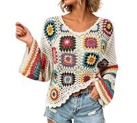 HEMNACU Chaqueta de Punto Larga Boho Hecha A Mano con ArcoíRis Top de Punto úNico con PatróN éTnico Calado Top Blanco Elegante para Mujer Top Bohemio Color Albaricoque Ligero