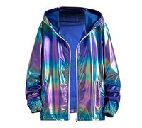 HEMNACU Chaqueta Metálica Plateada con Capucha y Cremallera Chaquetas de Transición Retro AñOs 80 Manga Larga Chaqueta Bomber Astronauta Blazer Brillante Hombre y Mujer para Disco Carnaval
