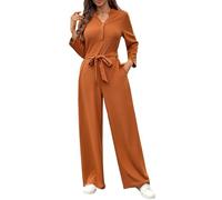 HEMNACU Mono Largo Mujer Casual Pantalón de Peto Suelto Elegante Mono de Manga Larga Monos de Una Pieza de Cintura Alta con Bolsillos CinturóN Top Corto con Escote en V y Pajarita Ropa de Descanso