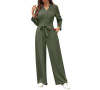 HEMNACU Mono Largo Mujer Casual Pantalón de Peto Suelto Elegante Mono de Manga Larga Monos de Una Pieza de Cintura Alta con Bolsillos CinturóN Top Corto con Escote en V y Pajarita Ropa de Descanso