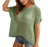 HEMNACU Tops de Malla Lechit Camisa de Playa Streetwear Boho Cover Up Suéter de Ganchillo para Mujer Verano con PatróN de Agujeros Top de Crochet Hueco Cuello Redondo Top de Ganchillo Sin Hombros