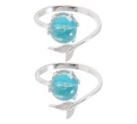 Hemobllo Anillo Ajustable De Aleación De Zinc Diseño De Sirenita y Cristal Para Mujer, Joyería Oceánica Abierta 2 Piezas, Estilo Juvenil Para Uso Diario y Eventos