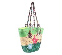 Hemobllo Bolso de Hombro de Playa Tejido a Mano en Rafia Verde Bordado de Estrellas y Cuentas de Madera Bolso de Verano para Mujer Práctico y Ligero para Viajes y Días de Playa