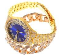 Hemobllo Reloj de Pulsera para Hombre Calendario y Números Romanos, Movimiento de Cuarzo Preciso, Correa de Acero Inoxidable Color Oro y Azul, Set Pulsera Decorativa Gemas de Imitación,