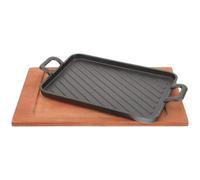 Hemobllo Sartén de Hierro para Asar Buena Conductividad Térmica, Práctica Bandeja de Madera y Hierro para Parrilla de Barbacoa al Aire Libre, 1 Set