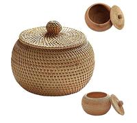 Hemore Caja de ratán redonda de 5.9 pulgadas con tapa, Canasta de ratán decorativa tejida, Cesta de almacenamiento de mimbre para la cocina de la granja doméstica