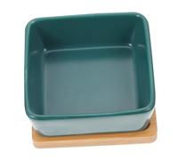 HEMOTON Comedero y Bebedero de Cerámica para Mascotas con Base de Madera Plato Cuadrado Verde Oscuro para Gatos y Perros Pequeños Resistente y Seguro