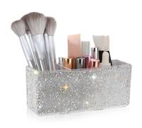 HEMOTON Organizador de Maquillaje Elegante y Brillante Acrílico Blanco con 3 Compartimentos, Caja Rectangular para Brochas y Artículos de Oficina en Dormitorio