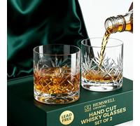 Hemswell Crystal Glenrigg - Juego de 2 vasos de whisky de cristal de 310 ml, vasos de whisky de vidrio cortado, sin plomo, caja forrada de satén