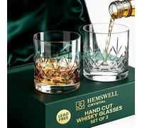 Hemswell Crystal Wicklow - Juego de 2 vasos de whisky de cristal de 310 ml, vasos de vidrio cortados, vidrio de corte tradicional sin plomo de alta claridad, caja forrada de satén, Wicklow