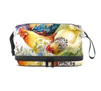 Hen and Cock in The Grass - Bolsa de cosméticos de doble capa para mujeres y niñas, neceser de viaje para maquillaje, práctica bolsa organizadora con compartimento para cepillos, multicolor, 27x15x14