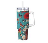 Hen Flying Butterflies Among Flowers Print - Vaso aislado al vacío de 1,134.0 g con asa y pajita, termo de acero inoxidable a prueba de fugas