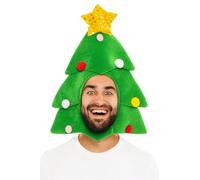 HENBRANDT 1 sombrero de cara de árbol de Navidad - Accesorio festivo para disfraz de adulto, sombrero de árbol de Navidad verde de felpa con estrella brillante y bolas de colores, talla única