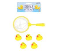 Henbrandt 5 Mini Yellow Rubber Squeaky Ducks & Fishing Net Childrens Bath Water fun Toys by Hebrandt