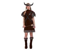 HENBRANDT Disfraz de guerrero vikingo con cuernos para mujer, disfraz de domadora de dragón con piel sintética, talla única