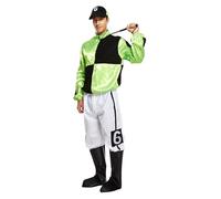 HENBRANDT Disfraz de jockey de caballo verde y negro para hombre adulto con sombrero de pico y fundas para botas, disfraz deportivo de jockey de carreras, talla única