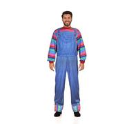 HENBRANDT Disfraz de muñeca asesina para adultos, mono de mezclilla azul con mangas a rayas multicolor para Halloween, cosplay, fiesta, unisex, talla única