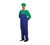 HENBRANDT Disfraz de súper fontanero verde para hombre, disfraz retro de los años 80, mono verde y azul, bigote, hermanos, trabajador, talla única, disfraz para hombre