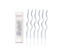 Henbrandt Paquete de 6 velas onduladas plateadas para fiesta con 6 portavelas, color plateado metálico de 12 cm de alto, velas de celebración finas para tartas de cumpleaños, baby shower y