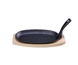 HENDI Bandeja fuente plato sartén de hierro fundido para servir, multiusos, con base salvamantel de madera de abedul, mango extraíble, apta para horno, para servir comida caliente, 280x140x(H) 30mm