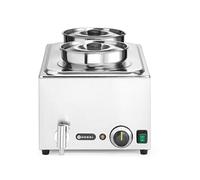 HENDI Baño María eléctrico, con grifo, calentador de alimentos de bufé, temperatura 30-85 °C, incluye 2 contenedores redondos con tapas, 8 L, 220V, 1000W, 604x332x(H)315mm, acero inoxidable