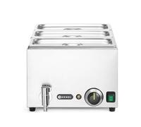 HENDI Baño María eléctrico, con grifo, sistema de calentamiento al baño María, temperatura regulable 30 °C a 85 °C, incluye 3 x GN1/3 con tapa, 19L, 230V, 1000W, 605x332x(H)242mm, acero inoxidable