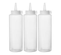 HENDI Dispensador de botella para salsas y condimentos, reutilizable, juego de 3 botellas, biberón dosificador exprimible, ketchup, mostaza, aceite de oliva, 0,35L, ø55x(H)205mm, transparente, PE, PP