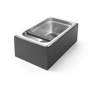 HENDI Caja para posos de café con marco de madera, GN 1/4 | Acero inoxidable, madera oscura, silicona, 275x170x(H)110mm, barra de golpeo extraíble