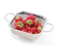 HENDI Escurridor de cocina, colador, para cocinar, lavar, pasta, fideos, espaguetis, frutas, verduras, ensaladas, cuadrado, perforado, con base y 2 asas, 290x218x(H)80 mm, acero inoxidable