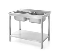 HENDI Fregadero, de cocina, doble, 2x 400x400x(H)250 mm, con estante, desmontable, patas ajustables, orificio del grifo ø30 mm, desagüe ø52 mm, salpicadero 40 mm, 1000x600x(H)850 mm, acero inoxidable