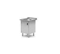 HENDI Fregadero de cocina, sencillo, soldado, con armario bajo y puerta con bisagras, fregadero: 400x400x(H)250 mm, orificio del grifo ø30 mm, desagüe ø50 mm, 600x600x(H)850 mm, acero inoxidable