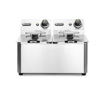 HENDI Freidora eléctrica, T ajustable hasta 190°C, termostato de seguridad, zona fría, con tapa y cesta de freír, tanque de aceite extraíble, 2x4L, 230V, 6000W, 470x420x(H)330mm, acero inoxidable