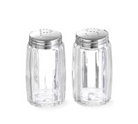 HENDI Juego de salero y pimentero, 2 piezas, utensilio de sal y pimienta de cocina mesa, con tapas de acero inoxidable con orificios dispensadores en forma de S y P, ⌀40x(H)70mm, vidrio, transparente